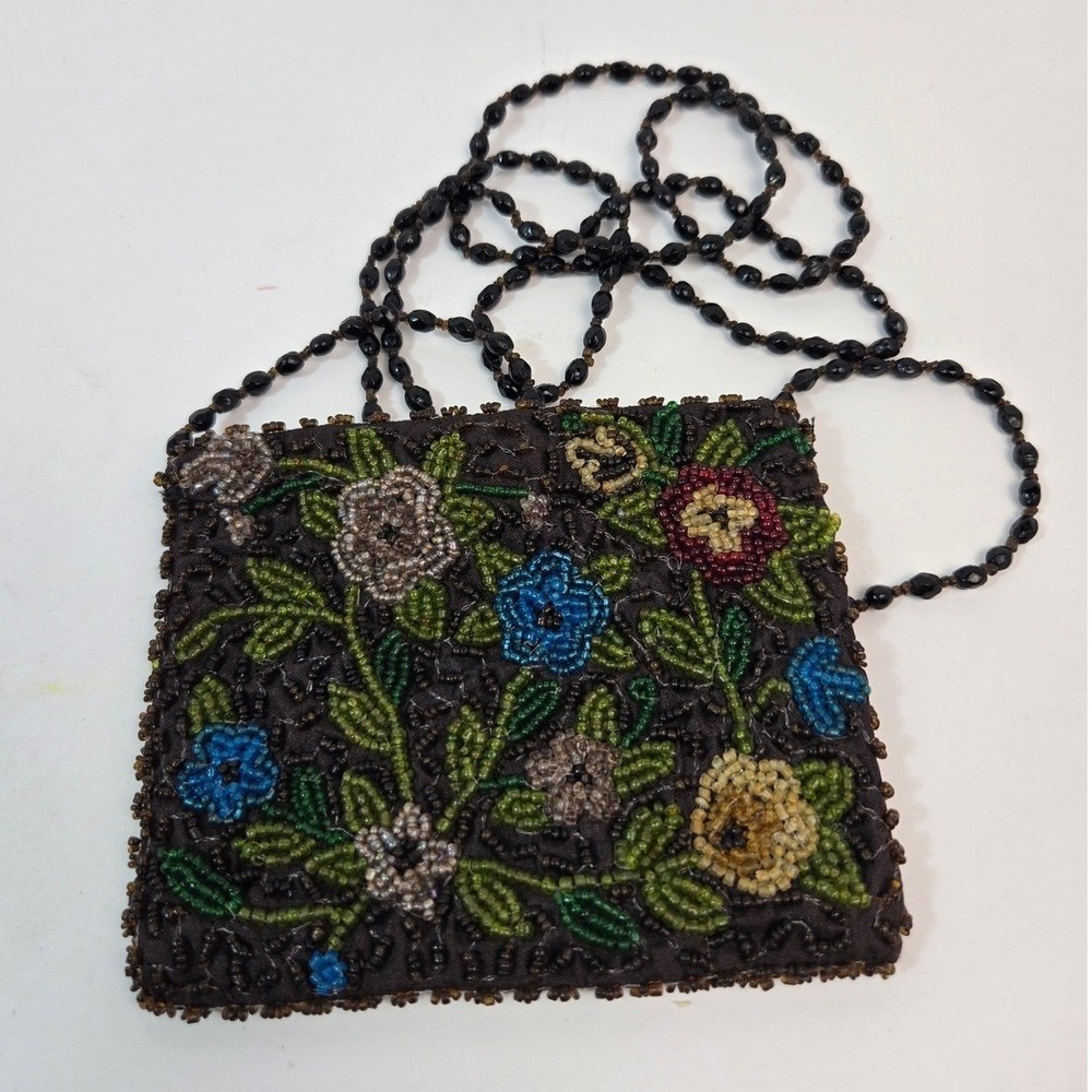 Pierre Urbach Floral Beaded Crossbody Bag Brown Multi Color Vintage Style Small